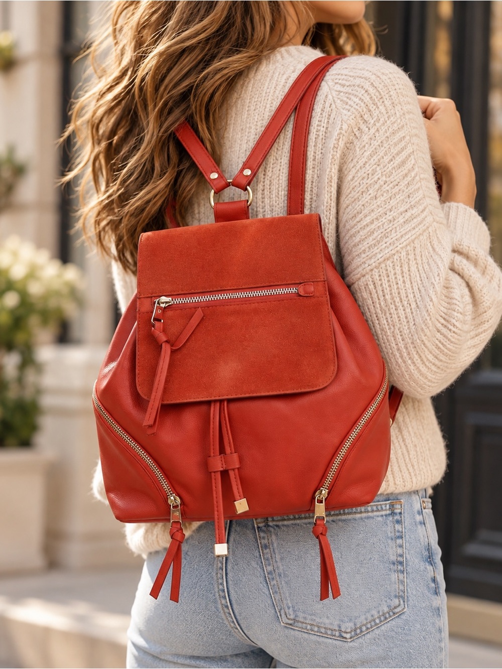 ZARA Rust Red Faux Leather Backpack | Suede Flap Gold Zippers